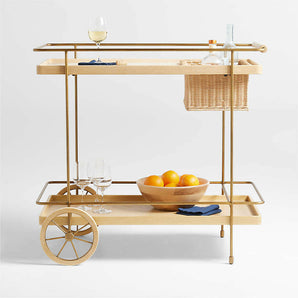 Carrito de bar de madera de roble natural y mármol Wicker Park.