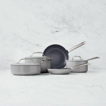 Crate & Barrel EvenCook Ceramic ™ Grey Ceramic Nonstick 8-Piece Cookware Set with Bonus.