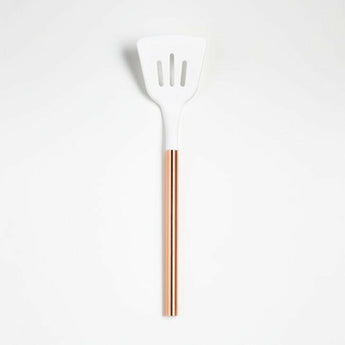 Ada White Silicone Slotted Turner with Copper Handle.