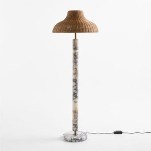 Aphra White Marble Floor Lamp with Rattan Shade