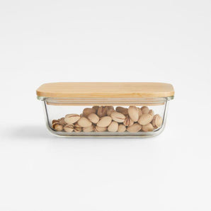 Recipiente rectangular de vidrio para 2 tazas con tapa de bambú