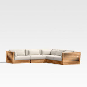 Batten Teak 5-Piece L-Shaped Outdoor Sectional Sofa with Oat Cushions