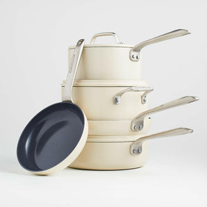 Crate & Barrel EvenCook Ceramic ™ Cream Ceramic Nonstick 8-Piece Cookware Set with Bonus.