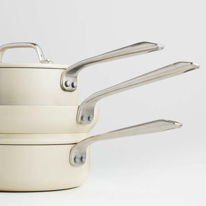 Crate & Barrel EvenCook Ceramic ™ Cream Ceramic Nonstick 8-Piece Cookware Set with Bonus.