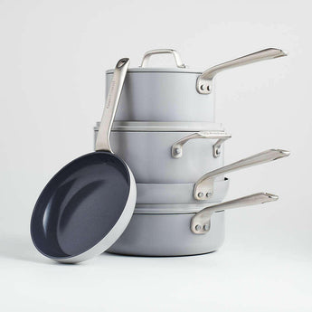 Crate & Barrel EvenCook Ceramic ™ Grey Ceramic Nonstick 8-Piece Cookware Set with Bonus.