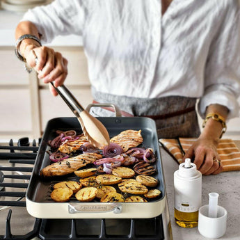 Crate & Barrel EvenCook Ceramic ™ Cream Nonstick Double Burner Grill Pan.