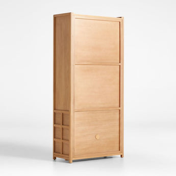 Campagna Rattan and Natural Oak Wood 3-Shelf Storage Bookcase Cabinet.