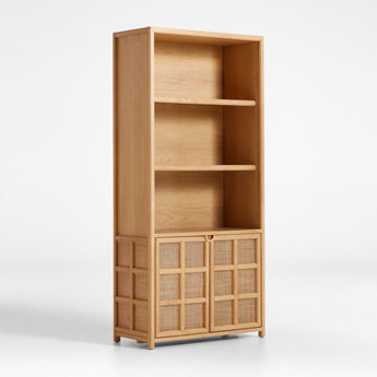 Campagna Rattan and Natural Oak Wood 3-Shelf Storage Bookcase Cabinet.