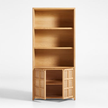 Campagna Rattan and Natural Oak Wood 3-Shelf Storage Bookcase Cabinet.