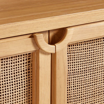 Campagna Rattan and Natural Oak Wood 3-Shelf Storage Bookcase Cabinet.