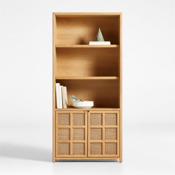 Campagna Rattan and Natural Oak Wood 3-Shelf Storage Bookcase Cabinet.