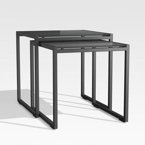 Dune Black Outdoor Nesting Tables with Black Painted Glass, Set of Two.