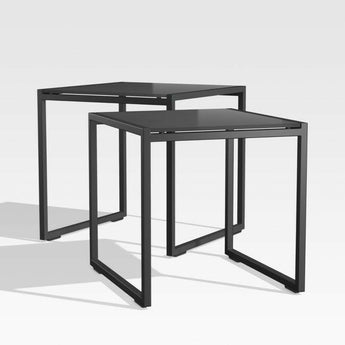 Dune Black Outdoor Nesting Tables with Black Painted Glass, Set of Two.