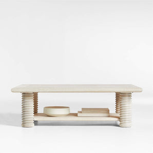 Garde Whitewashed Oak Wood 55.5" Rectangular Coffee Table with Shelf.
