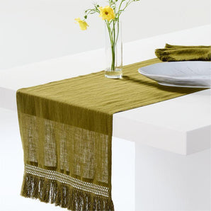 Fringe Trim 18" Oregano Green Linen Table Runner by Laura Kim.