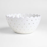 Large White Scallop Eyelet Stoneware Colander by Laura Kim.