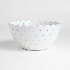 Large White Scallop Eyelet Stoneware Colander by Laura Kim.