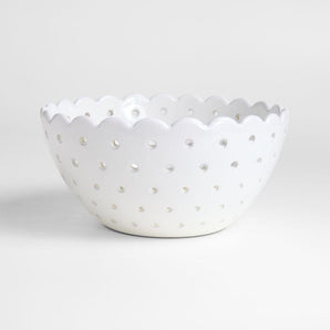 Large White Scallop Eyelet Stoneware Colander by Laura Kim.