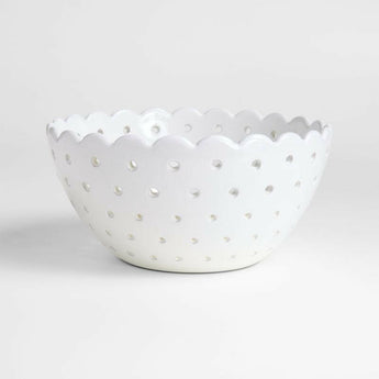Large White Scallop Eyelet Stoneware Colander by Laura Kim.