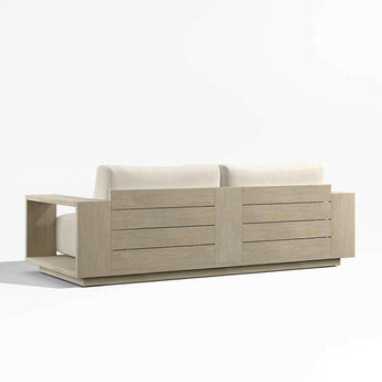 Mallorca 85" Wood Outdoor Sofa with Taupe Cushions.