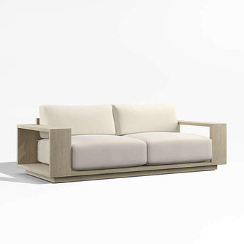 Mallorca 85" Wood Outdoor Sofa with Taupe Cushions.