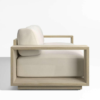 Mallorca 85" Wood Outdoor Sofa with Taupe Cushions.