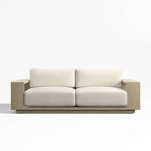 Mallorca 85" Wood Outdoor Sofa with Taupe Cushions.