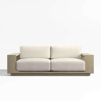 Mallorca 85" Wood Outdoor Sofa with Taupe Cushions.