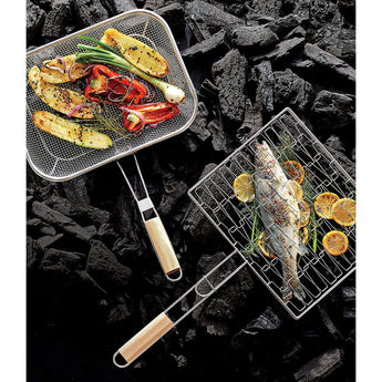 Mesh Grill Basket with Wood Handle.
