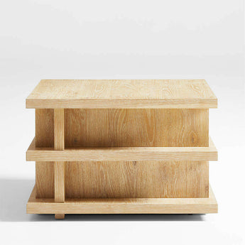 Stria Oversized Natural Oak Wood Square End Table with Tiered Shelves.