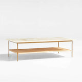 Terranea Onyx Marble and Brass Metal 54" Rectangular Coffee Table with Wicker Shelf.