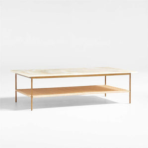 Terranea Onyx Marble and Brass Metal 54" Rectangular Coffee Table with Wicker Shelf.