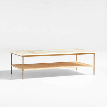 Terranea Onyx Marble and Brass Metal 54" Rectangular Coffee Table with Wicker Shelf.