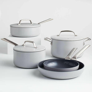 Crate & Barrel EvenCook Ceramic â„¢ Grey Ceramic Nonstick 8-Piece Cookware Set with Bonus.