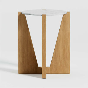 Miro Marble Round End Table with Natural Oak Wood Base