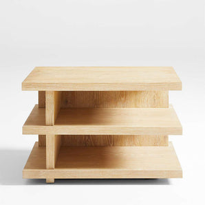 Stria Oversized Natural Oak Wood Square End Table with Tiered Shelves.