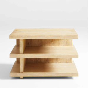 Stria Oversized Natural Oak Wood Square End Table with Tiered Shelves.