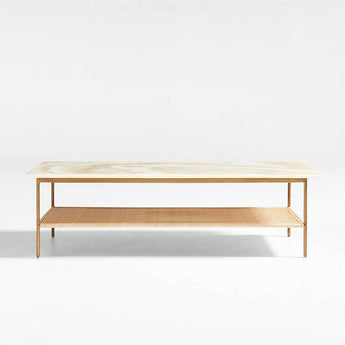 Terranea Onyx Marble and Brass Metal 54" Rectangular Coffee Table with Wicker Shelf.