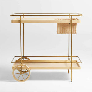 Wicker Park Natural Oak Wood and Marble Bar Cart.