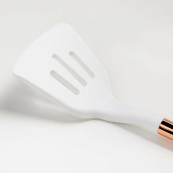 Ada White Silicone Slotted Turner with Copper Handle.