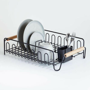 Black Dish Rack with Wood Handles.