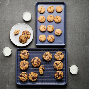 Crate & Barrel Slate Blue Baking Sheet and Cooling Rack Set.
