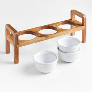 Oven-to-Table Ceramic Bowls with Elevated Wood Server