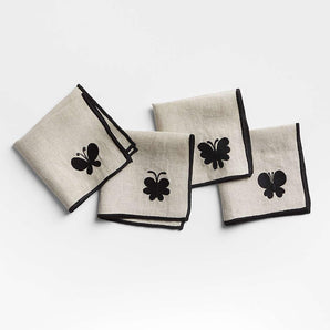 Embroidered Butterfly Botanicals Cocktail Napkins by Lucia Eames, Set of 4.