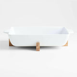 Oven-to-Table Rectangle Baking Dish with Wood Stand.