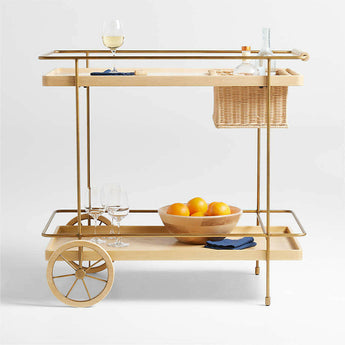 Carrito de bar de madera de roble natural y mármol Wicker Park.