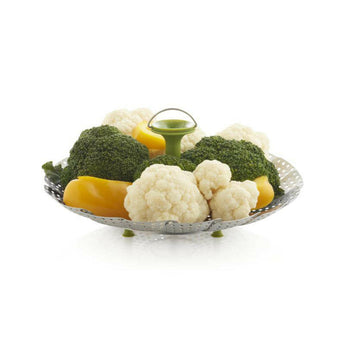 Vaporizador de verduras de acero inoxidable con patas de silicona.