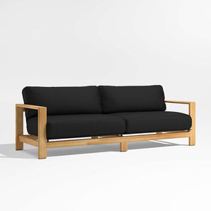 Anguilla 90" Teak Outdoor Sofa with Black Cushions.