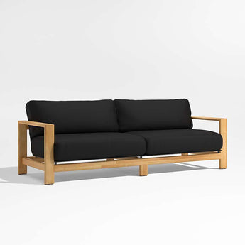 Anguilla 90" Teak Outdoor Sofa with Black Cushions.