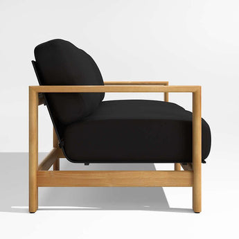 Anguilla 90" Teak Outdoor Sofa with Black Cushions.